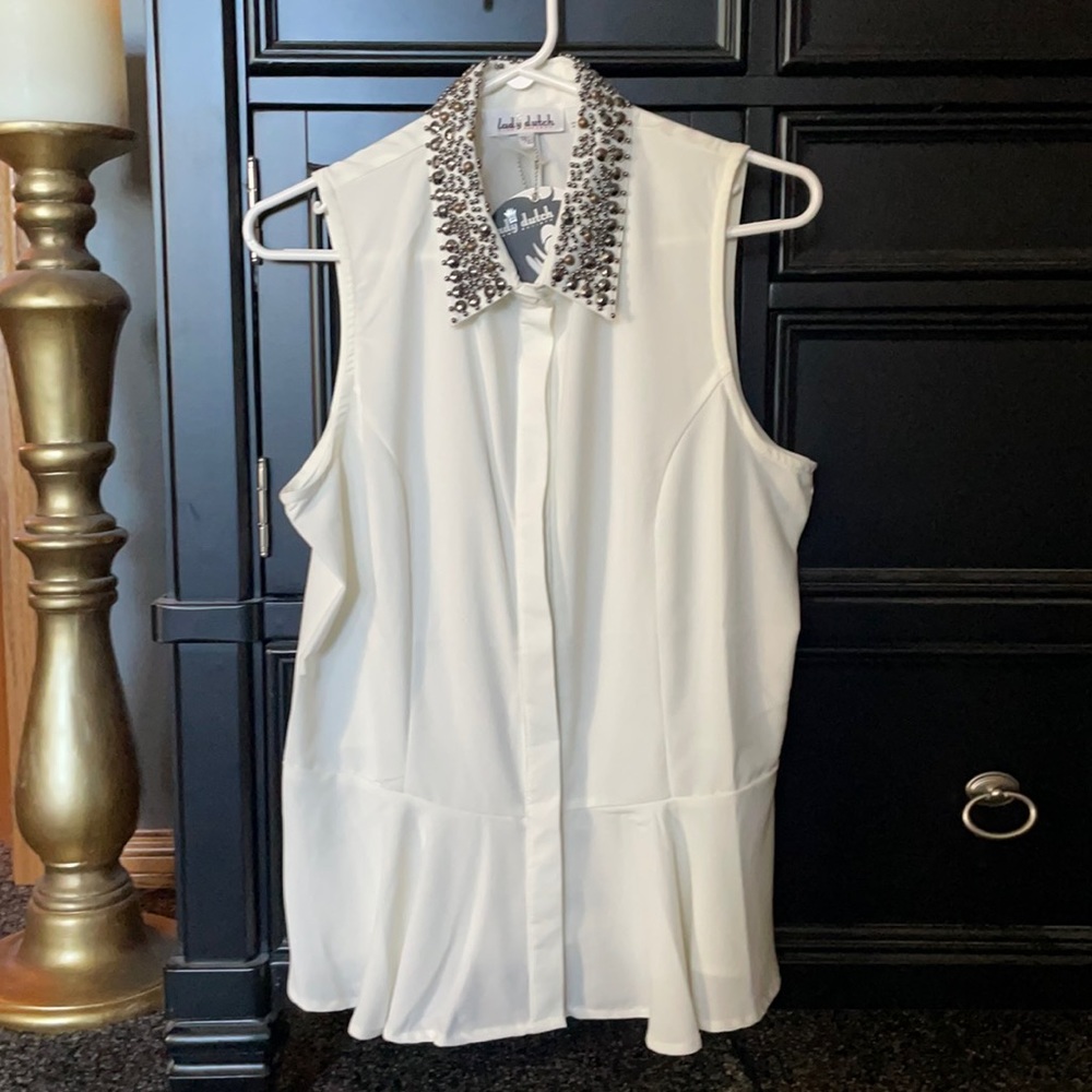 Woman’s Lady Dutch white blouse, size XL, embellished collar, tag attached.
